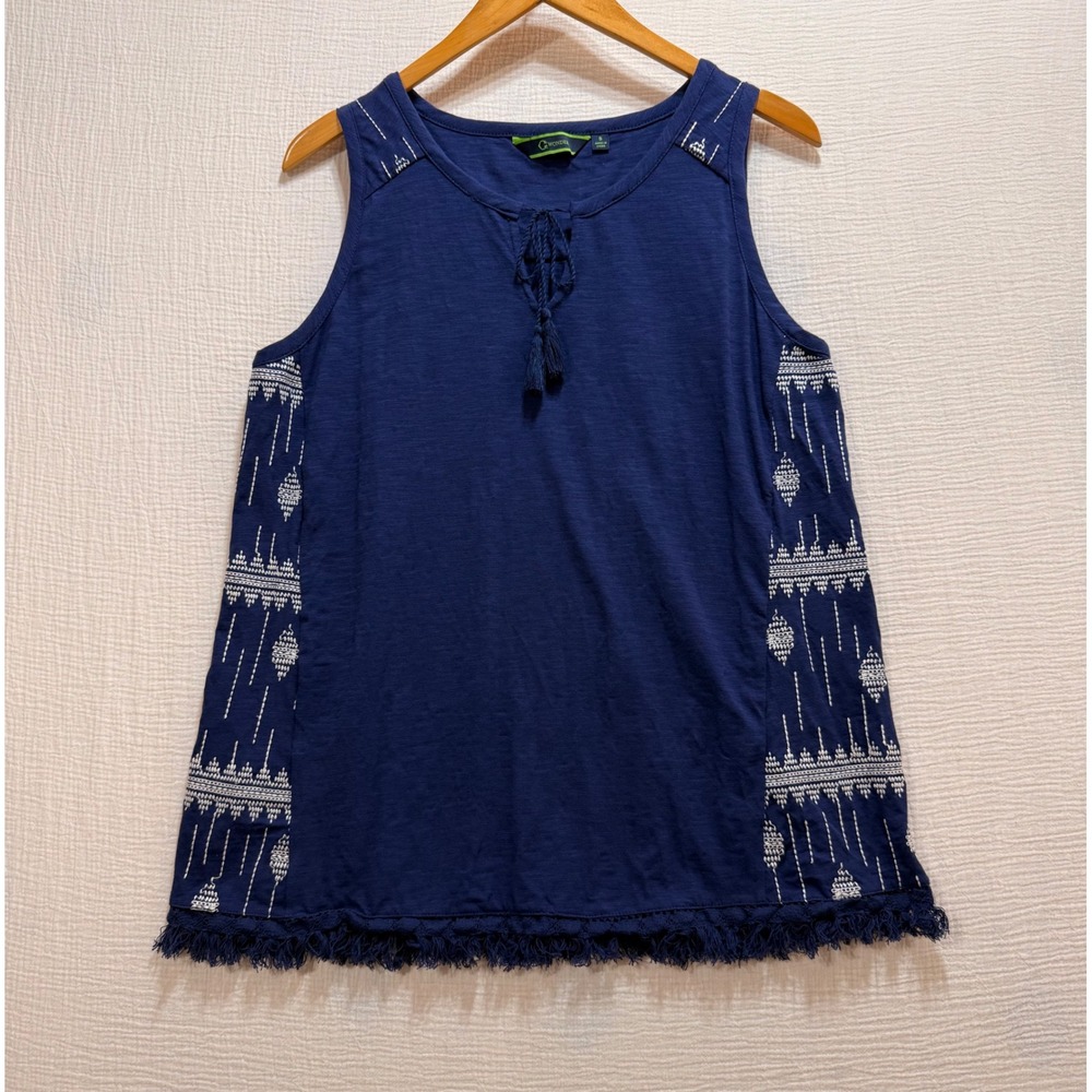 C. Wonder Tank Top Women S Navy Blue Embroidered Fringe Boho Tassel Split‎ Neck